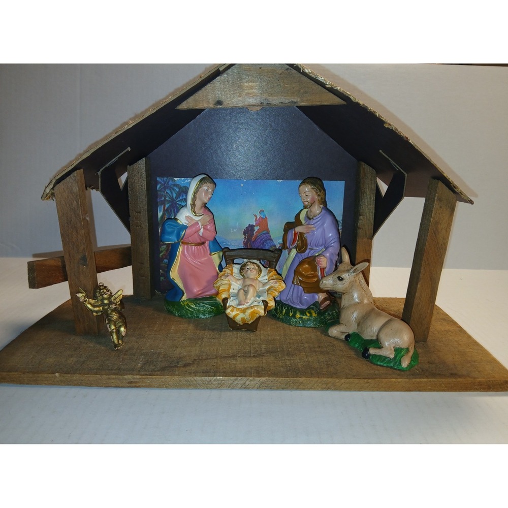 Vintage Rustic Creche NATIVITY  Wooden CHRISTMAS‎ WISEMEN MURAL W/Mixed  Figures